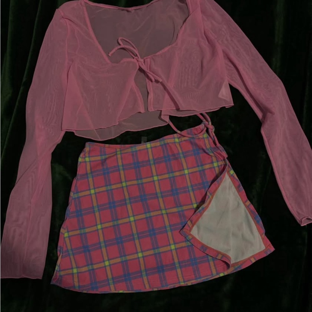 Forever 21 Pink Plaid Wrap Skirt and Sheer Top Set